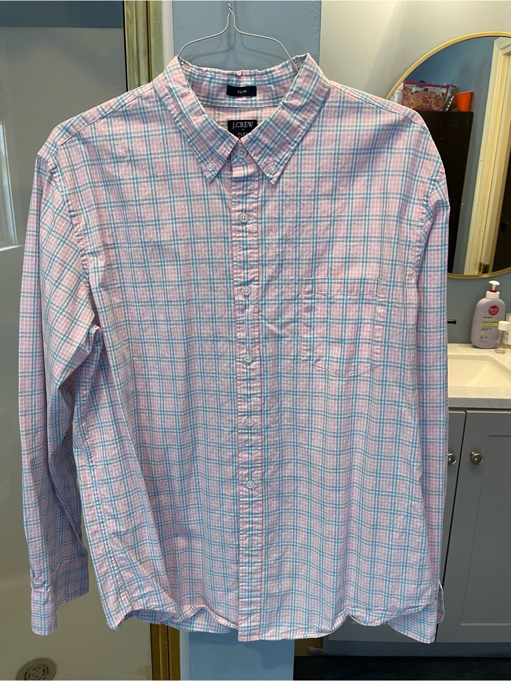 J. Crew Men's Pink and Light Blue Plaid Button-Down Shirt